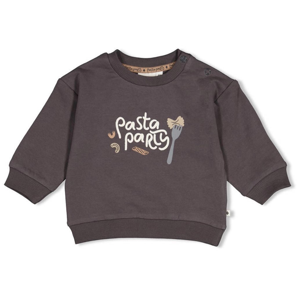 Antraciet en camelkleurige jongens Feetje sweater Pasta Party offwhite van stretchkatoen met printopdruk, lange mouwen, ronde hals en drukknoopsluiting