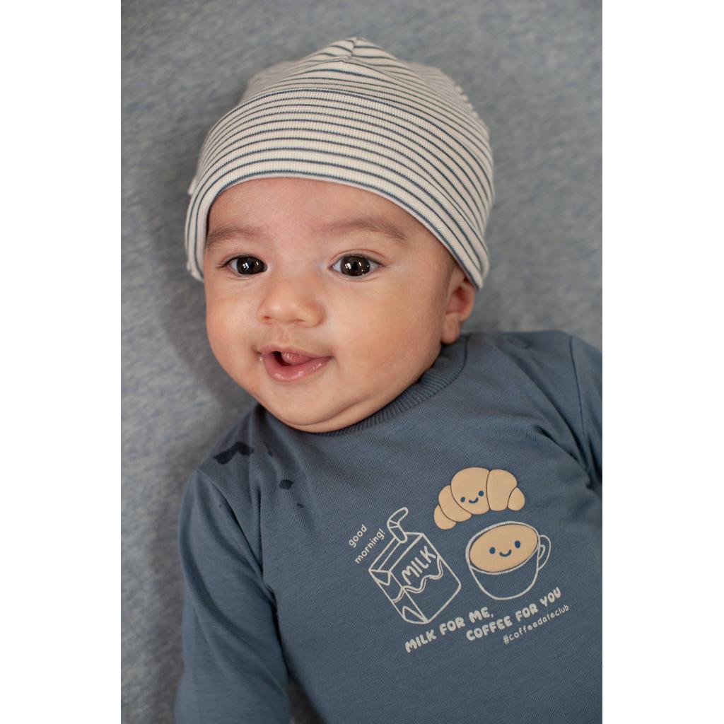 Blauw, zand en witte jongens Feetje longsleeve Breakfast Buddy van stretchkatoen met printopdruk, lange mouwen, ronde hals en drukknoopsluiting