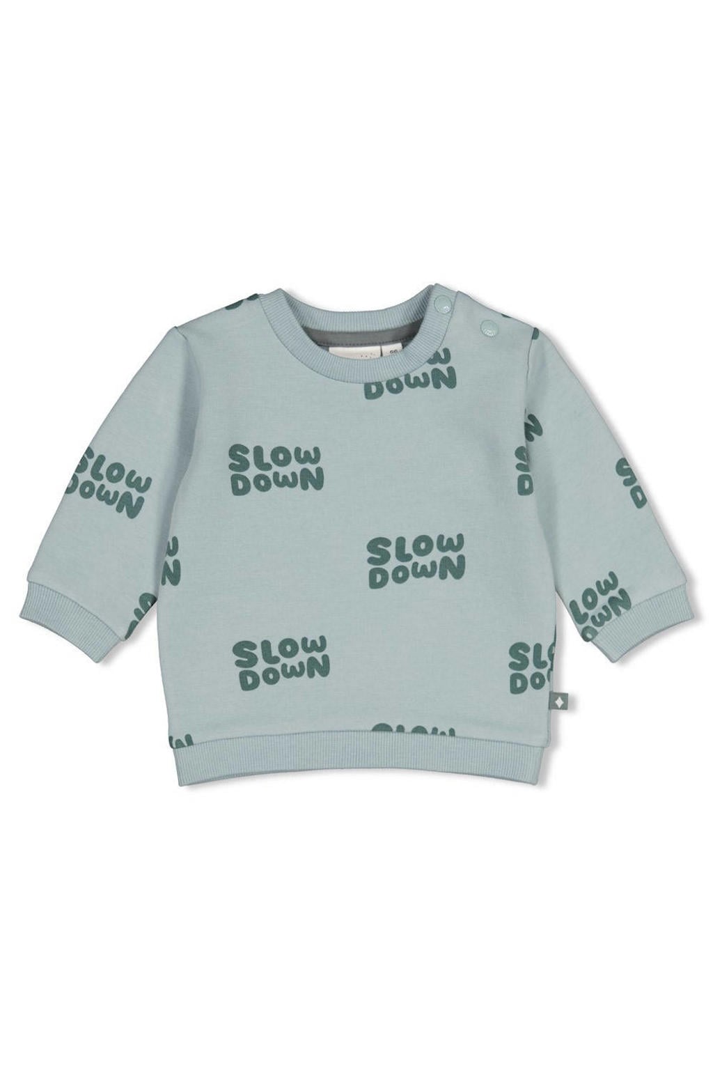 Mintgroen en groene jongens Feetje sweater Beep Beep van stretchkatoen met tekst print, lange mouwen, ronde hals en drukknoopsluiting