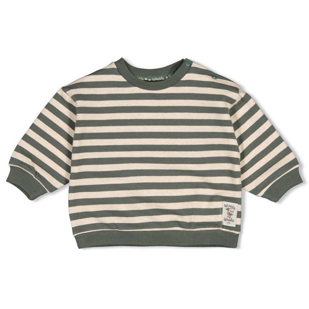 Groen en ecru jongens Feetje sweater Wiggle and Waddle met strepenprint, lange mouwen en drukknoopsluiting