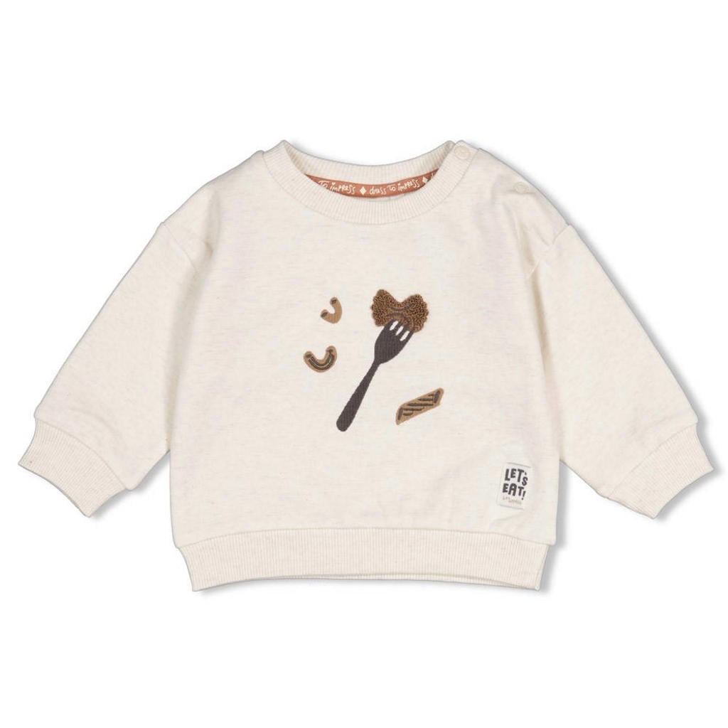 Ecru, antraciet en camelkleurige jongens Feetje sweater Pasta Party met printopdruk, lange mouwen, ronde hals, drukknoopsluiting en patches