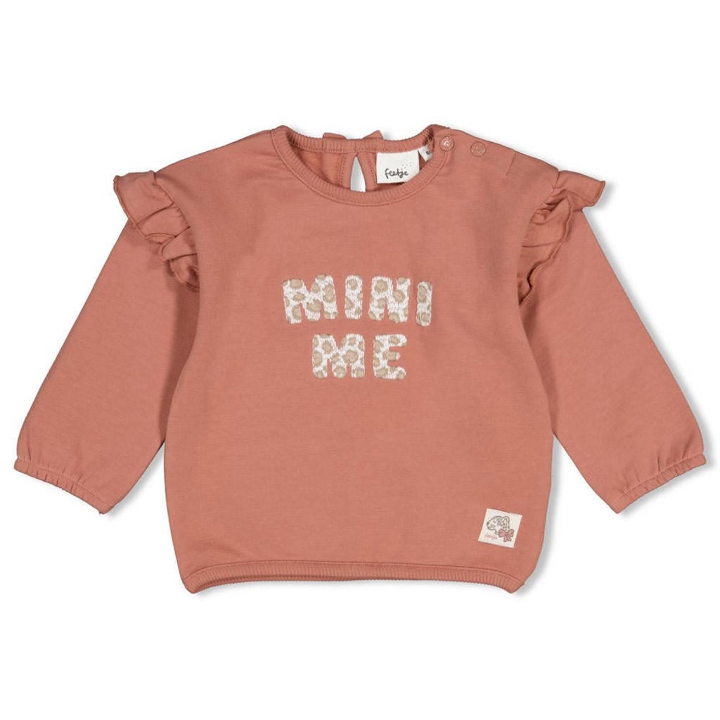 Oudroze meisjes Feetje sweater Dress to Impress met lange mouwen, ronde hals, drukknoopsluiting en ruches