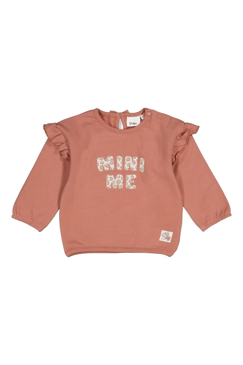 Oudroze meisjes Feetje sweater Dress to Impress met lange mouwen, ronde hals, drukknoopsluiting en ruches