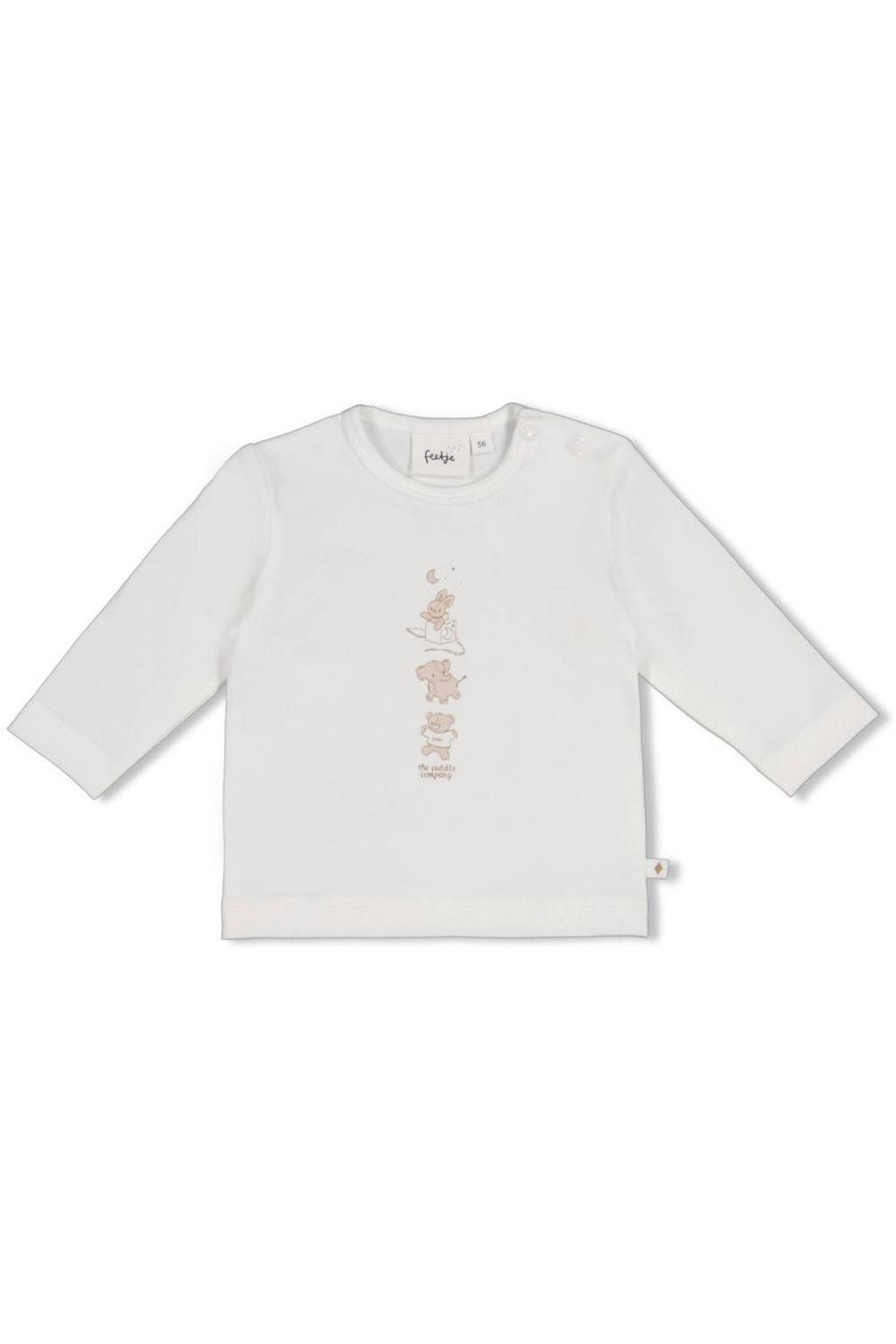 Ecru jongens en meisjes Feetje longsleeve The Cuddle Company van stretchkatoen met printopdruk, lange mouwen, ronde hals en drukknoopsluiting