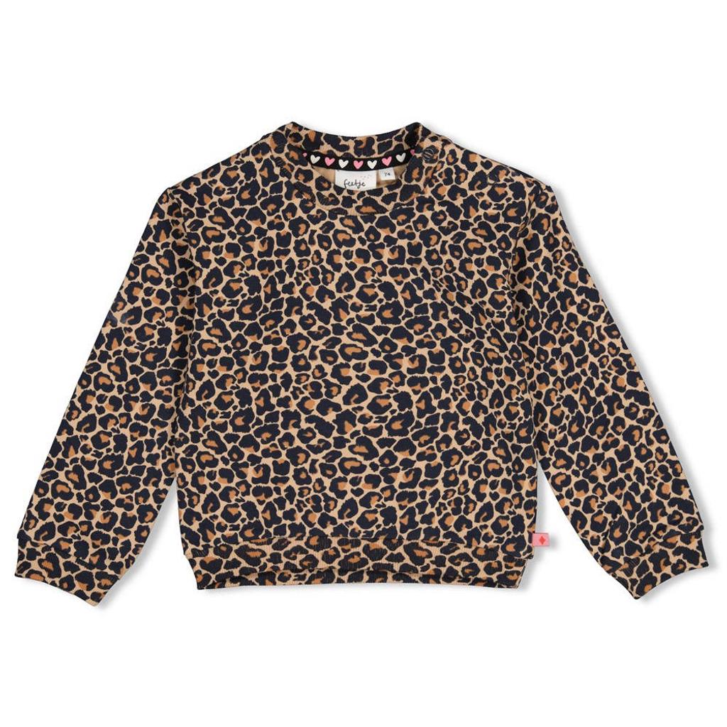 Beige en zwarte meisjes Feetje oversized sweater City Chic van stretchkatoen met panterprint, lange mouwen, ronde hals en drukknoopsluiting