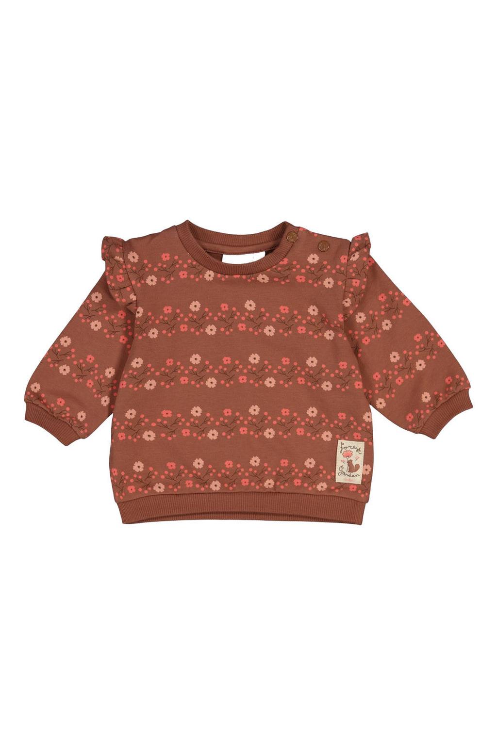 Bruin, roze en lichtroze meisjes Feetje sweater Forest Garden met lange mouwen, ronde hals en drukknoopsluiting