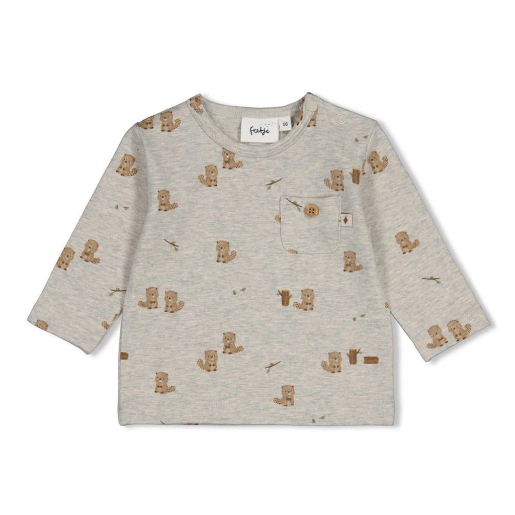 Grijs melange, grijs en bruine jongens Feetje longsleeve Tiny Timber Tales melange van stretchkatoen met dierenprint, lange mouwen en drukknoopsluiting