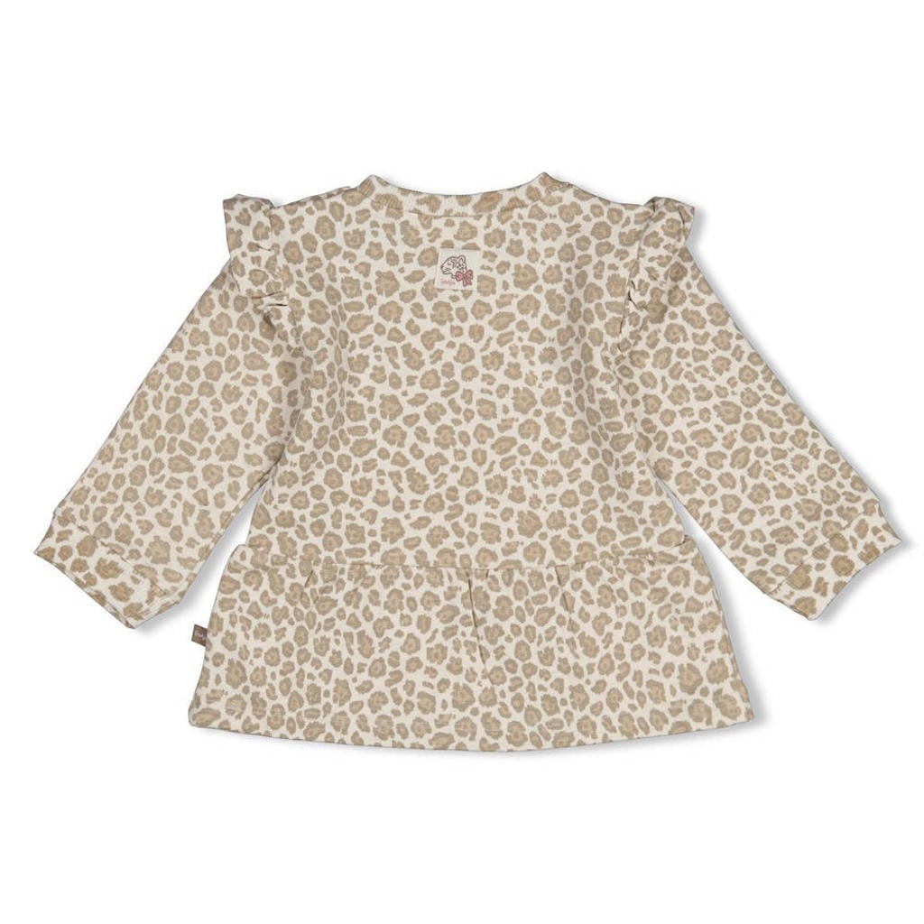 Lichtbruin en ecru meisjes Feetje sweater Dress to Impress met lange mouwen, ronde hals, drukknoopsluiting en plooien