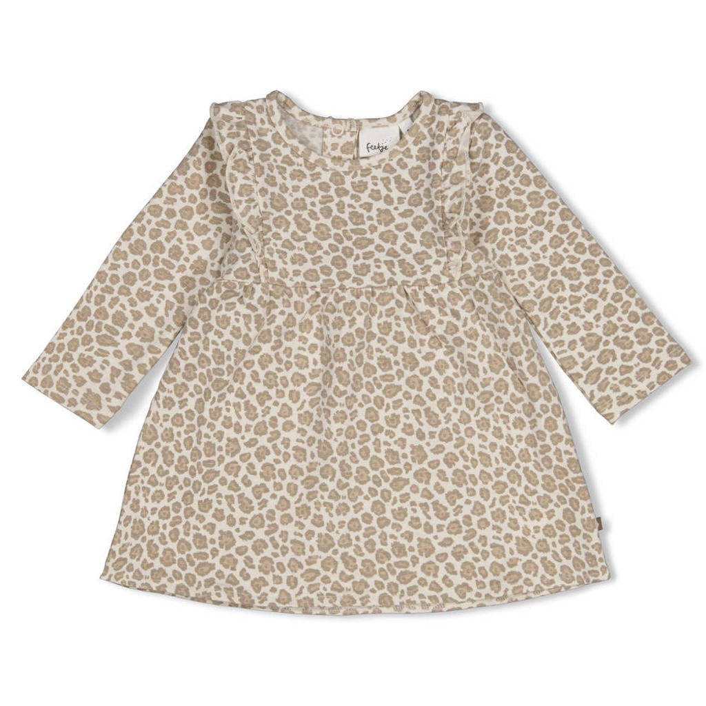 Ecru en lichtbruine meisjes Feetje jurk Dress to Impress offwhite van katoen-polyester met lange mouwen en ronde hals