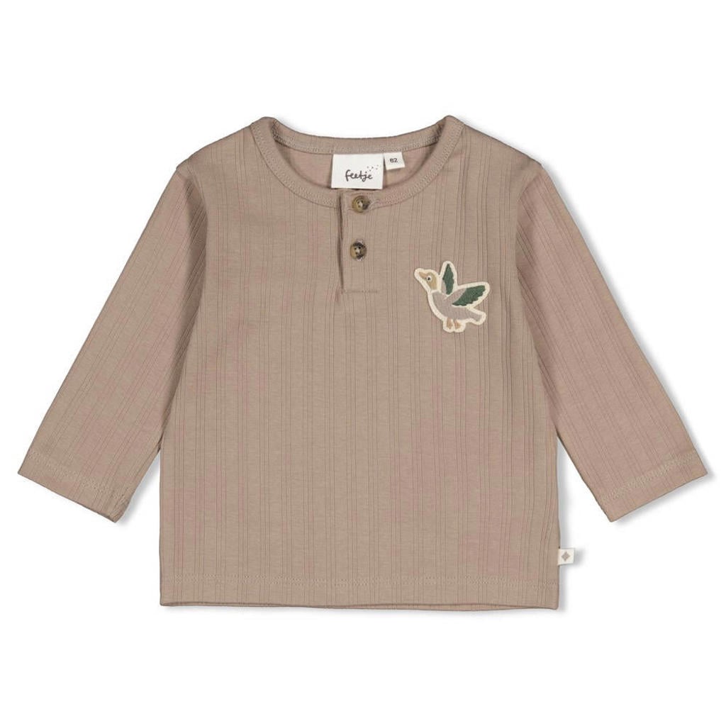 Grijze jongens Feetje longsleeve Wiggle and Waddle van stretchkatoen met effen, lange mouwen, henleykraag en knoopsluiting