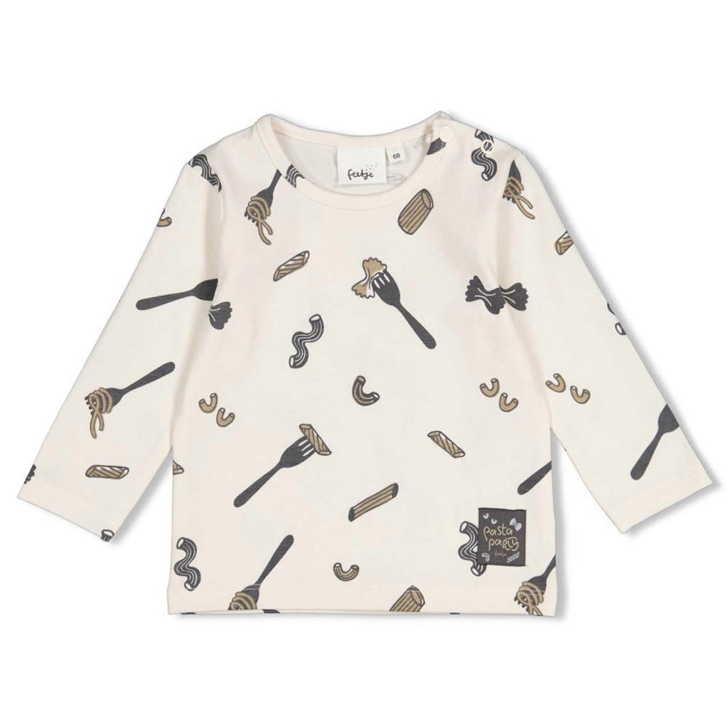Ecru jongens Feetje aansluitende longsleeve van stretchkatoen met lange mouwen, ronde hals en drukknoopsluiting