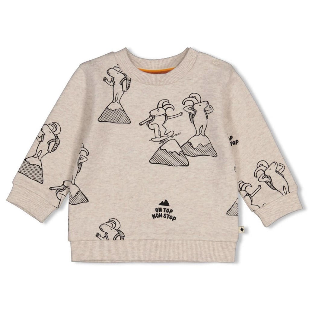 Ecru en grijze jongens Feetje sweater Mountain Top met dierenprint, lange mouwen en ronde hals
