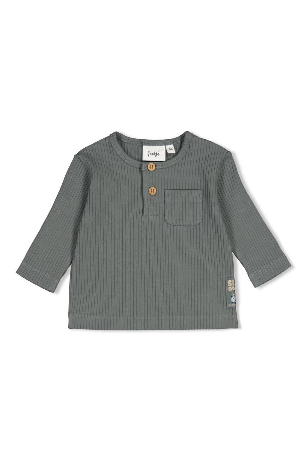 Donkergroen en groene jongens Feetje longsleeve Beep Beep zeegroen van stretchkatoen met effen, lange mouwen, ronde hals, knoopsluiting en textuur