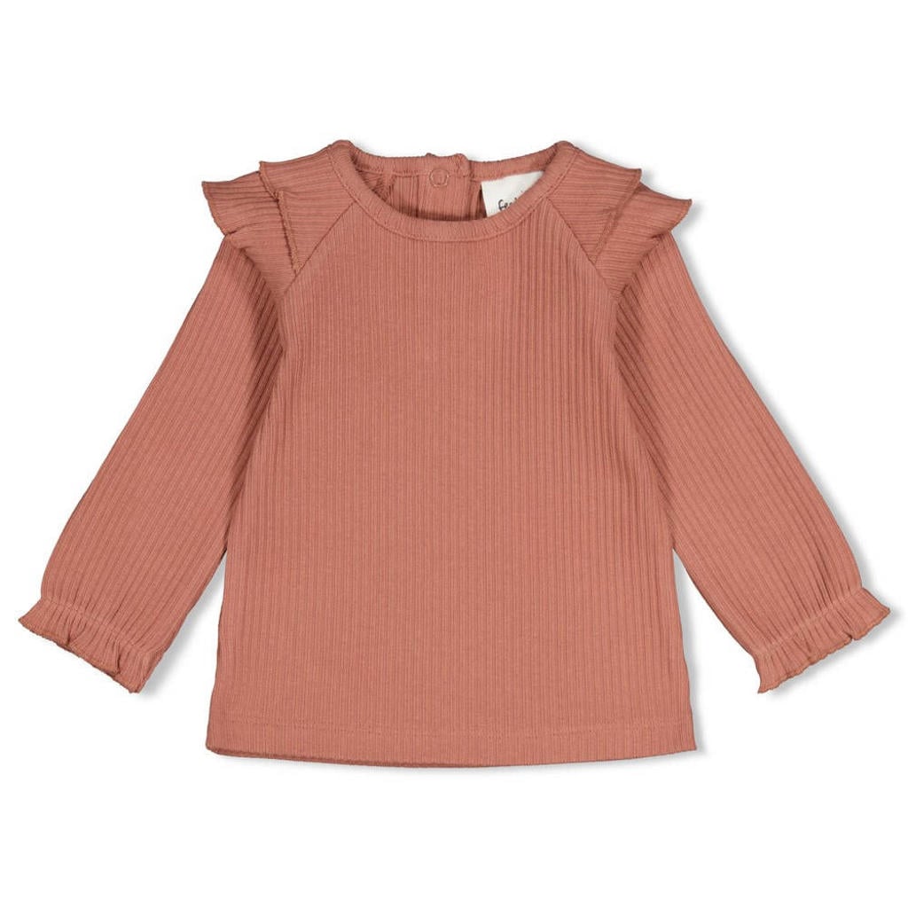 Oudroze meisjes Feetje longsleeve Dress to Impress met effen, lange mouwen, ronde hals, drukknoopsluiting en ruches