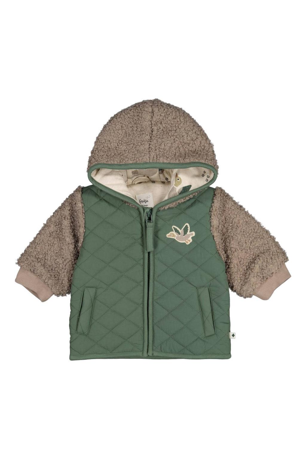 Groene jongens Feetje winterjas Wiggle and Waddle greige van bouclé met lange mouwen, capuchon en ritssluiting