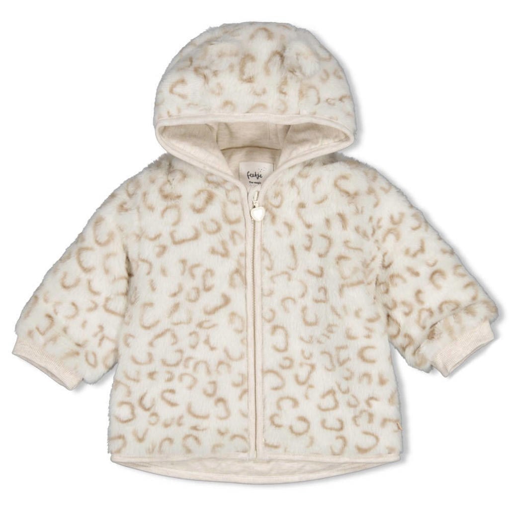 Ecru en lichtbruine meisjes Feetje imitatiebont jas Dress to Impress offwhite met lange mouwen, capuchon en ritssluiting