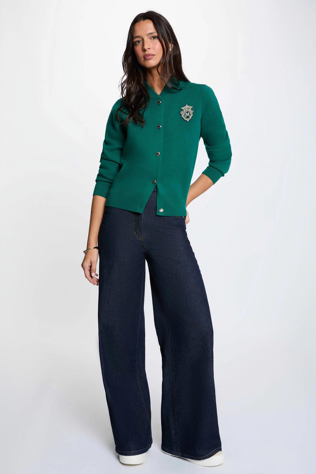 Donkergroene dames Morgan gebreide vest van viscose met effen, lange mouwen, ronde hals, knoopsluiting en 3D applicatie