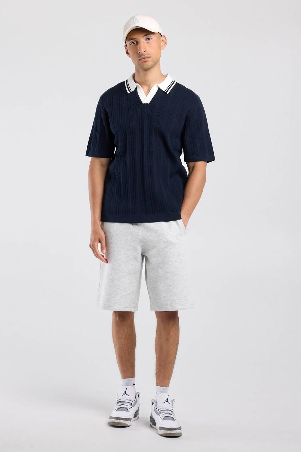 Donkerblauwe heren America Today regular fit polo van katoen met effen, korte mouwen en contrast bies