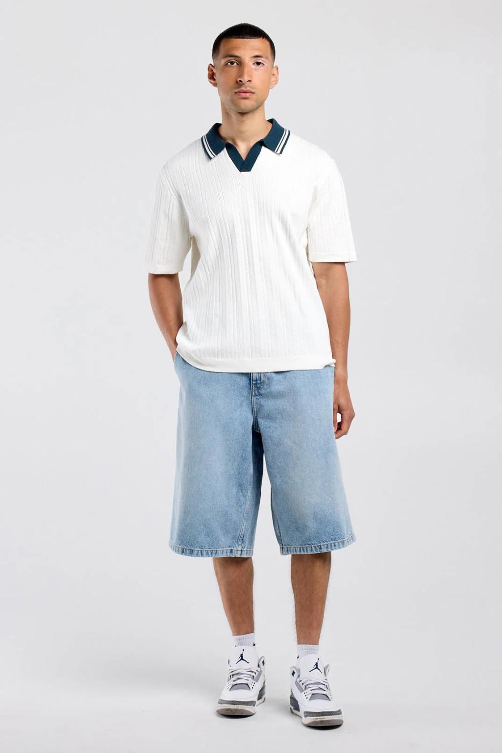 Witte heren America Today regular fit polo van katoen met effen, korte mouwen en contrast bies