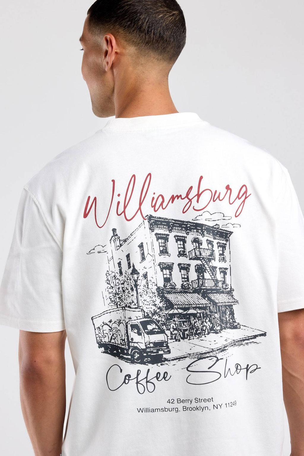 Ecru heren America Today oversized T-shirt offwhite van katoen met backprint, korte mouwen en ronde hals