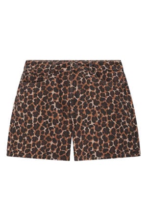 straight leg denim short met panterprint - bruin