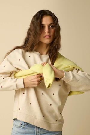 katoenen sweater met borduursels en hartjes - beige