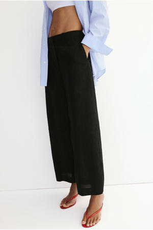 wide leg regular waist broek met linnen - zwart