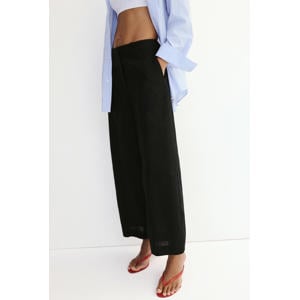 wide leg regular waist broek met linnen - zwart