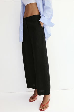wide leg regular waist broek met linnen - zwart