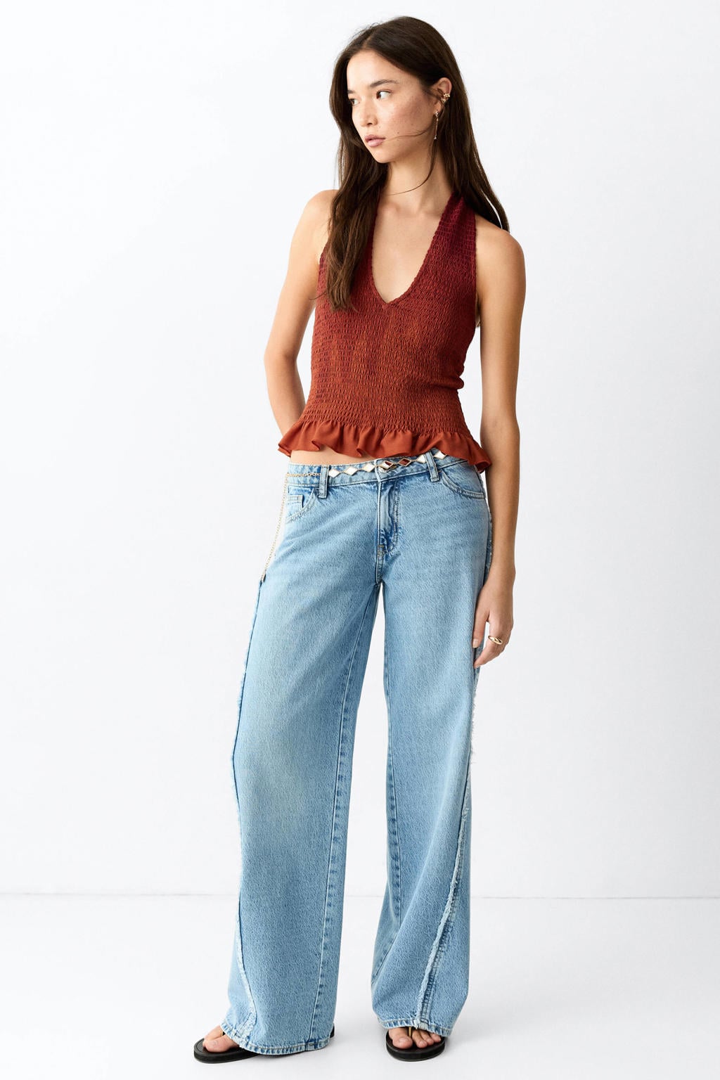 MANGO TEEN haltertop met smockwerk - roodbruin