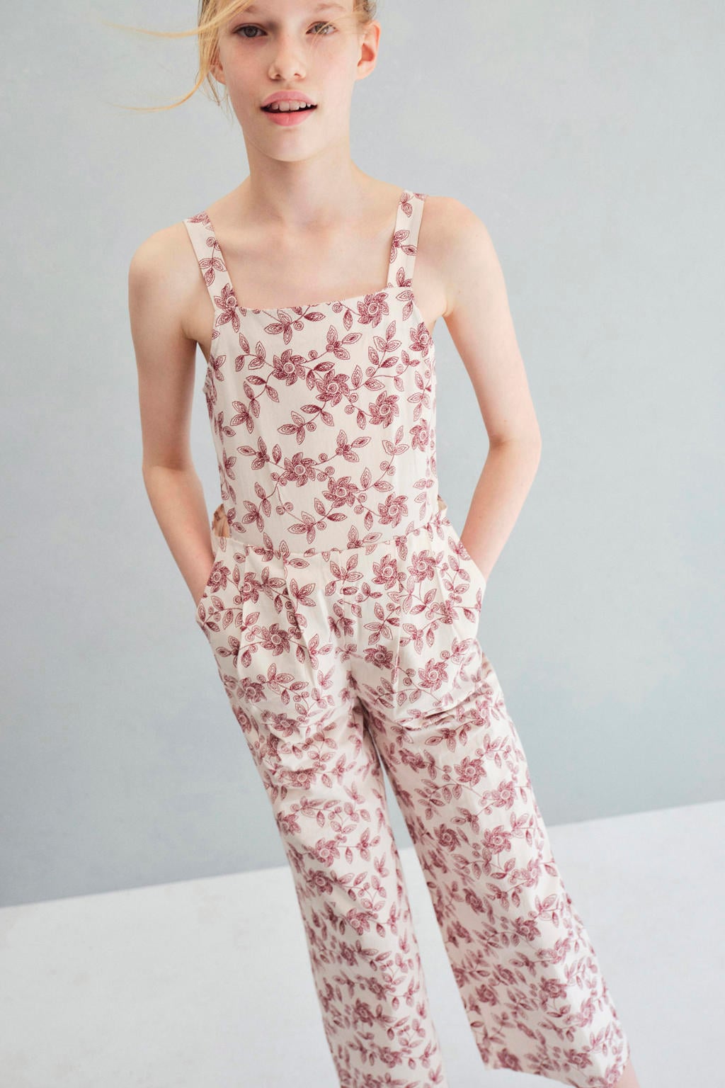 Mango Kids gebloemde jumpsuit - donkerrood