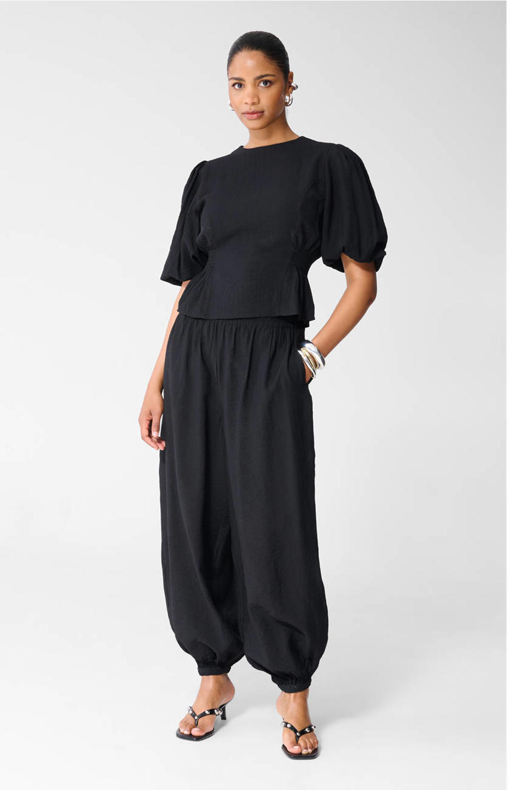 Zwarte dames Shoeby top van viscose met effen, korte mouwen, ronde hals en peplum
