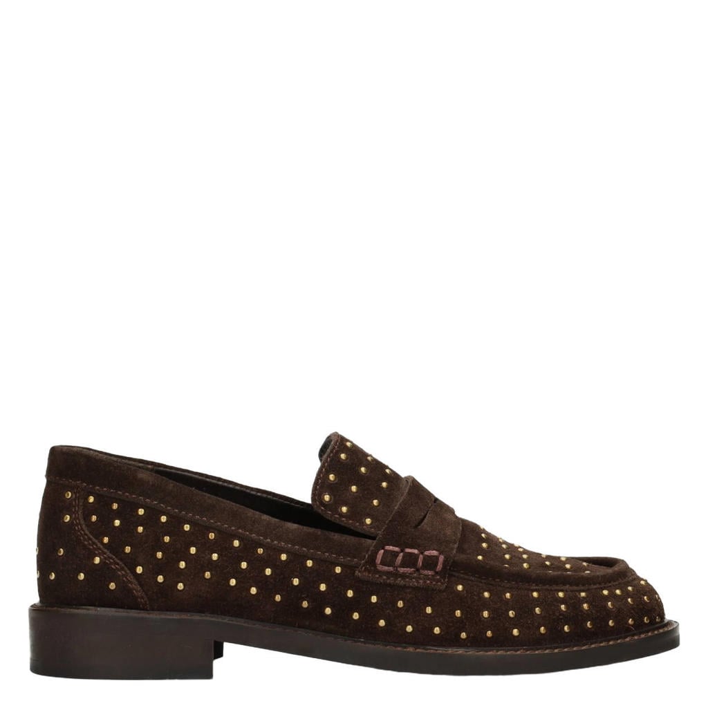 Donkerblauwe dames Poelman Tika suède loafers met studs en print -