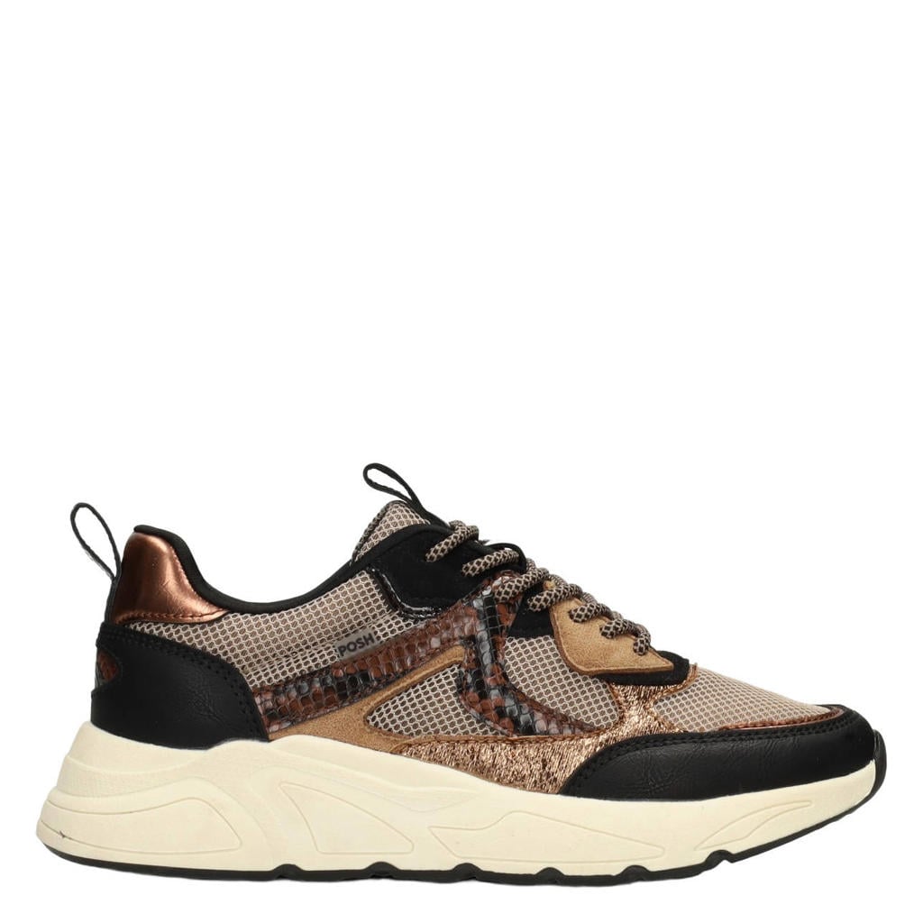 Zwarte dames POSH by Poelman Kiki sneakers - van imitatieleer en textiel met veters