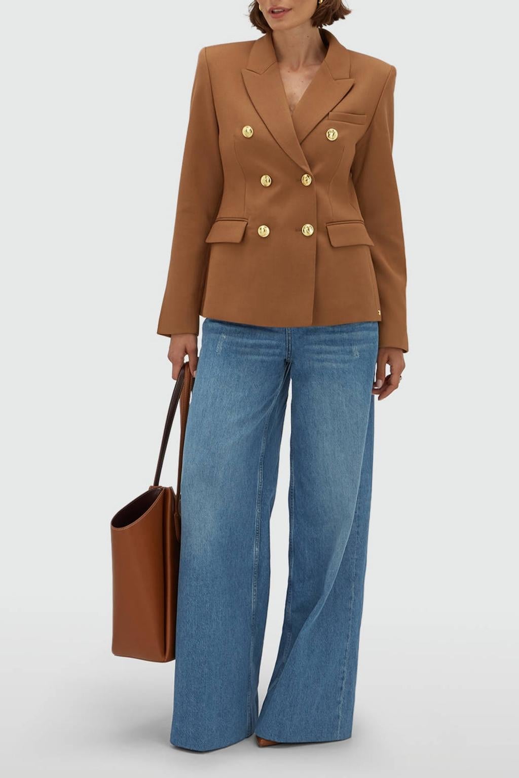 Cognackleurige dames JOSH V getailleerde blazer van polyester met effen, lange mouwen, reverskraag en schoudervulling