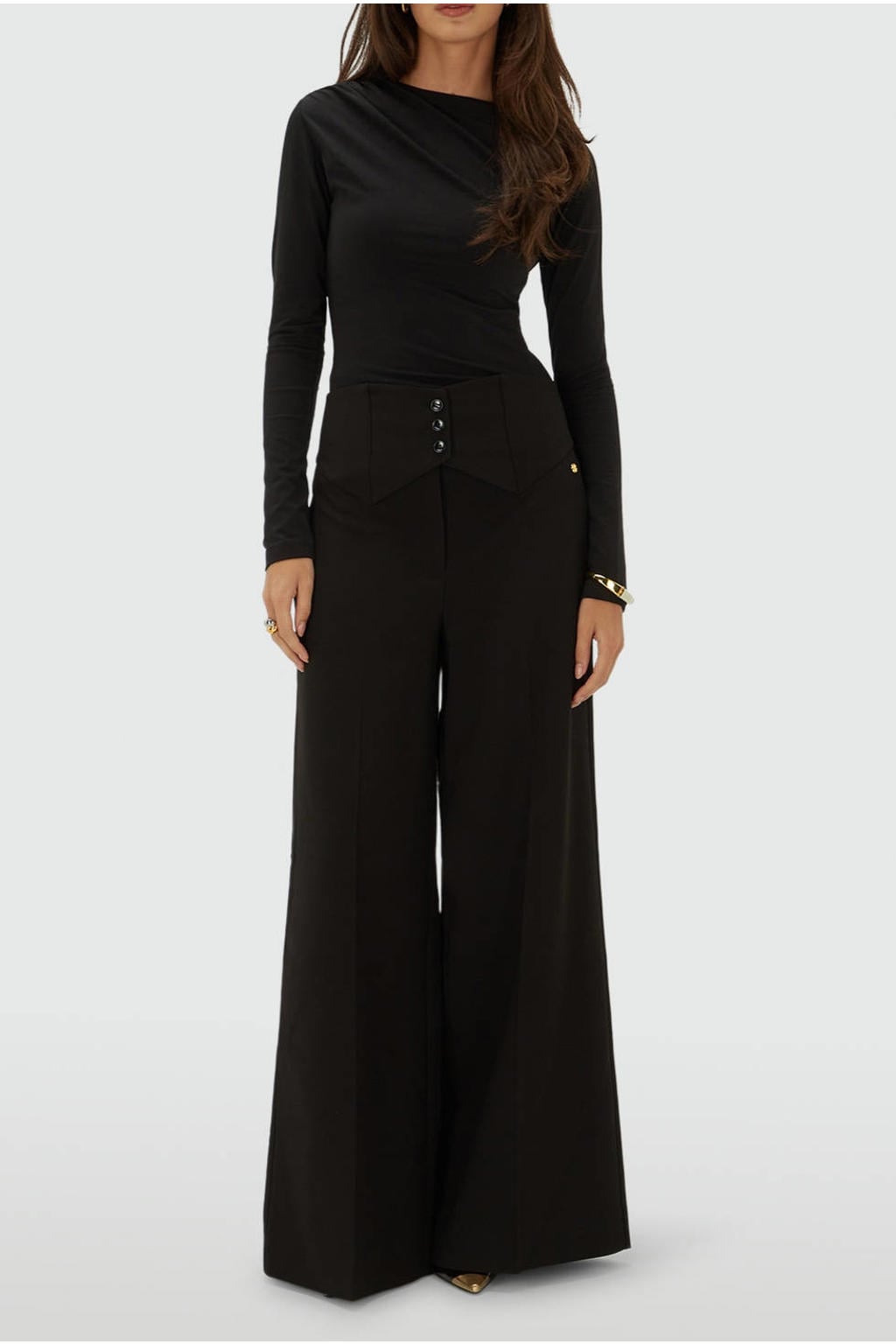 Zwarte dames JOSH V wide leg broek met high waist, rits- en knoopsluiting en effen