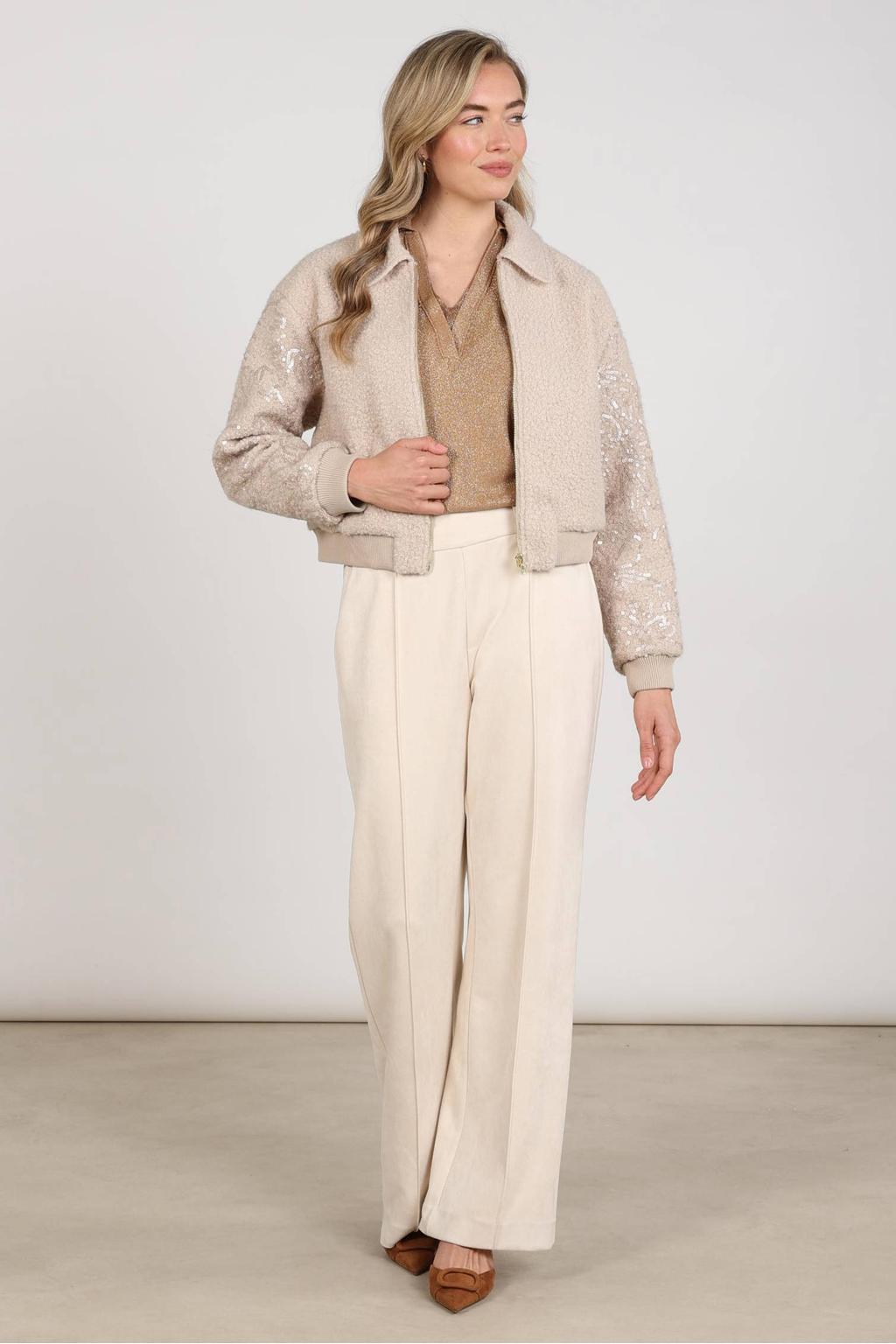 Ecru dames NUKUS wide leg broek met high waist en effen