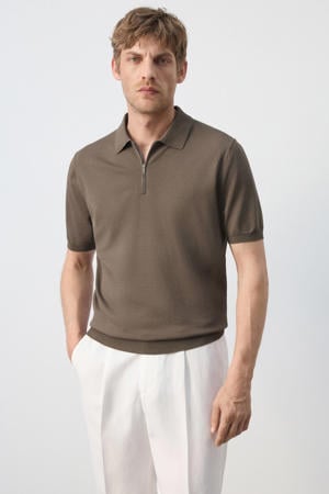 slim fit gebreide polo - middenbruin