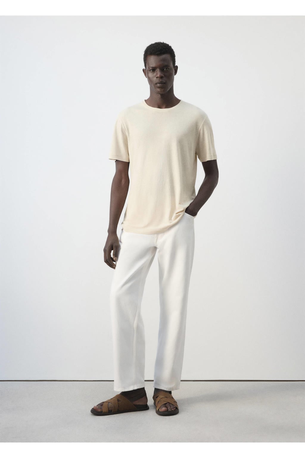 Mango Man linnen slim fit T-shirt - lichtbeige