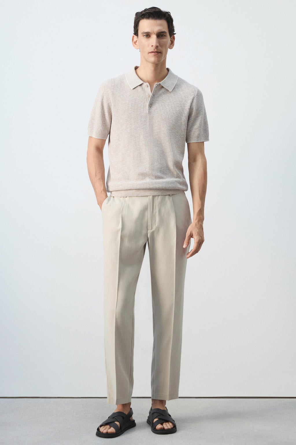 Mango Man regular fit gebreide gemêleerde polo - pastelbruin
