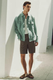 thumbnail: Mango Man regular fit bermudashort met krijtstreep en linnen - middengrijs