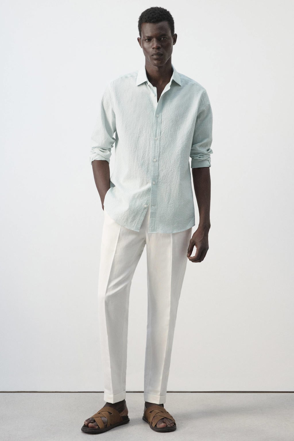 Mango Man slim fit gestreept overhemd - groen