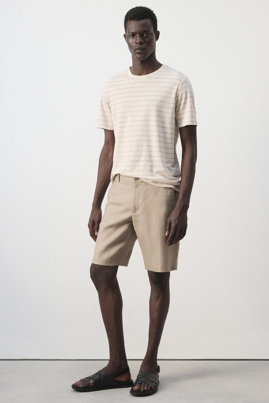 Mango Man linnen regular fit gestreept T-shirt - lichtbeige