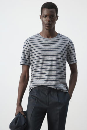 linnen regular fit gestreept T-shirt - donkerblauw