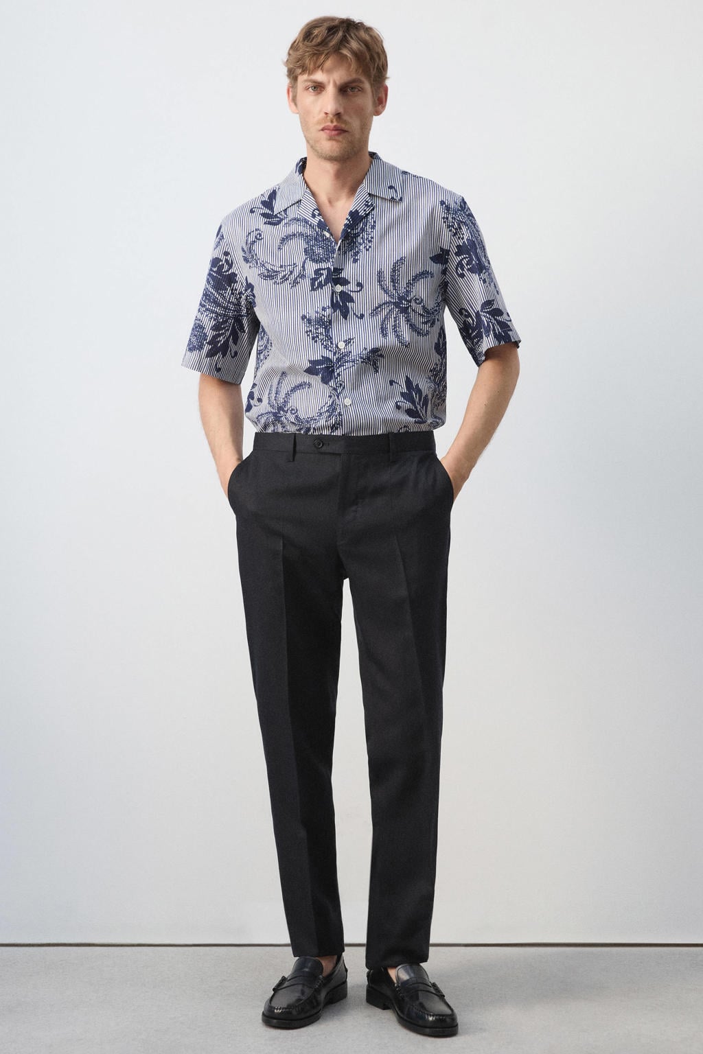 Mango Man regular fit overhemd met print - middenblauw