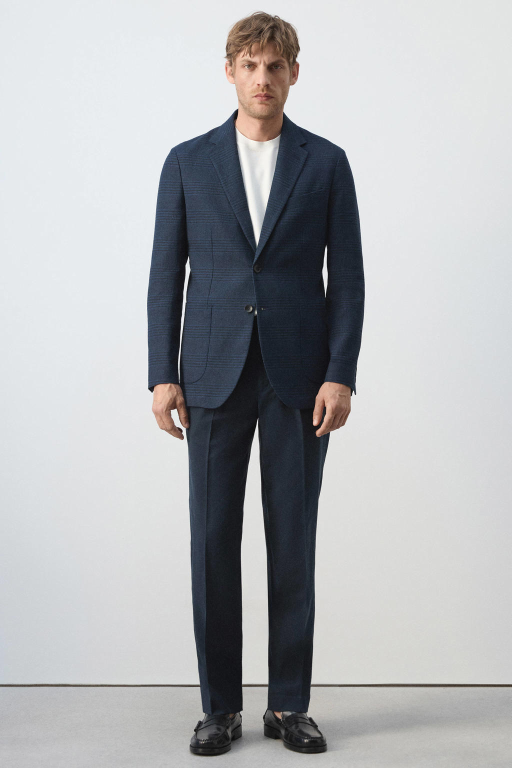 Mango Man slim fit geruit colbert met linnen - donkerblauw