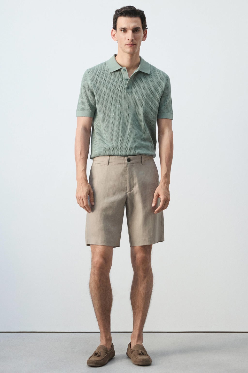 Groene heren Mango Man regular fit gebreide polo van katoen met effen en korte mouwen