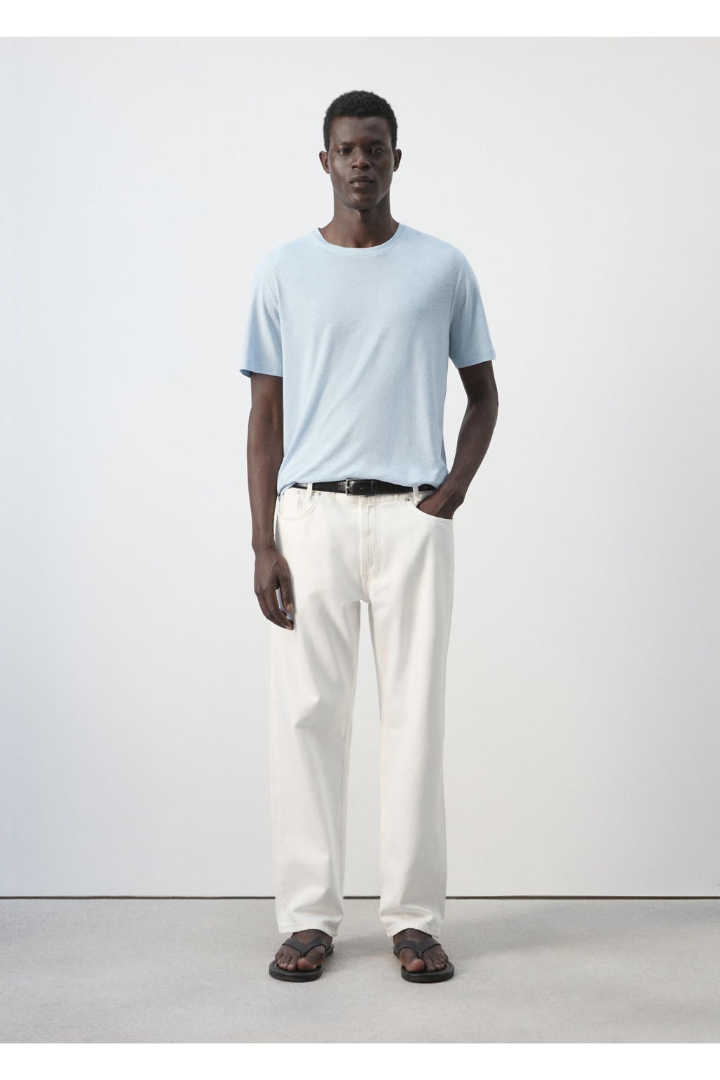 Mango Man linnen slim fit T-shirt - lichtblauw