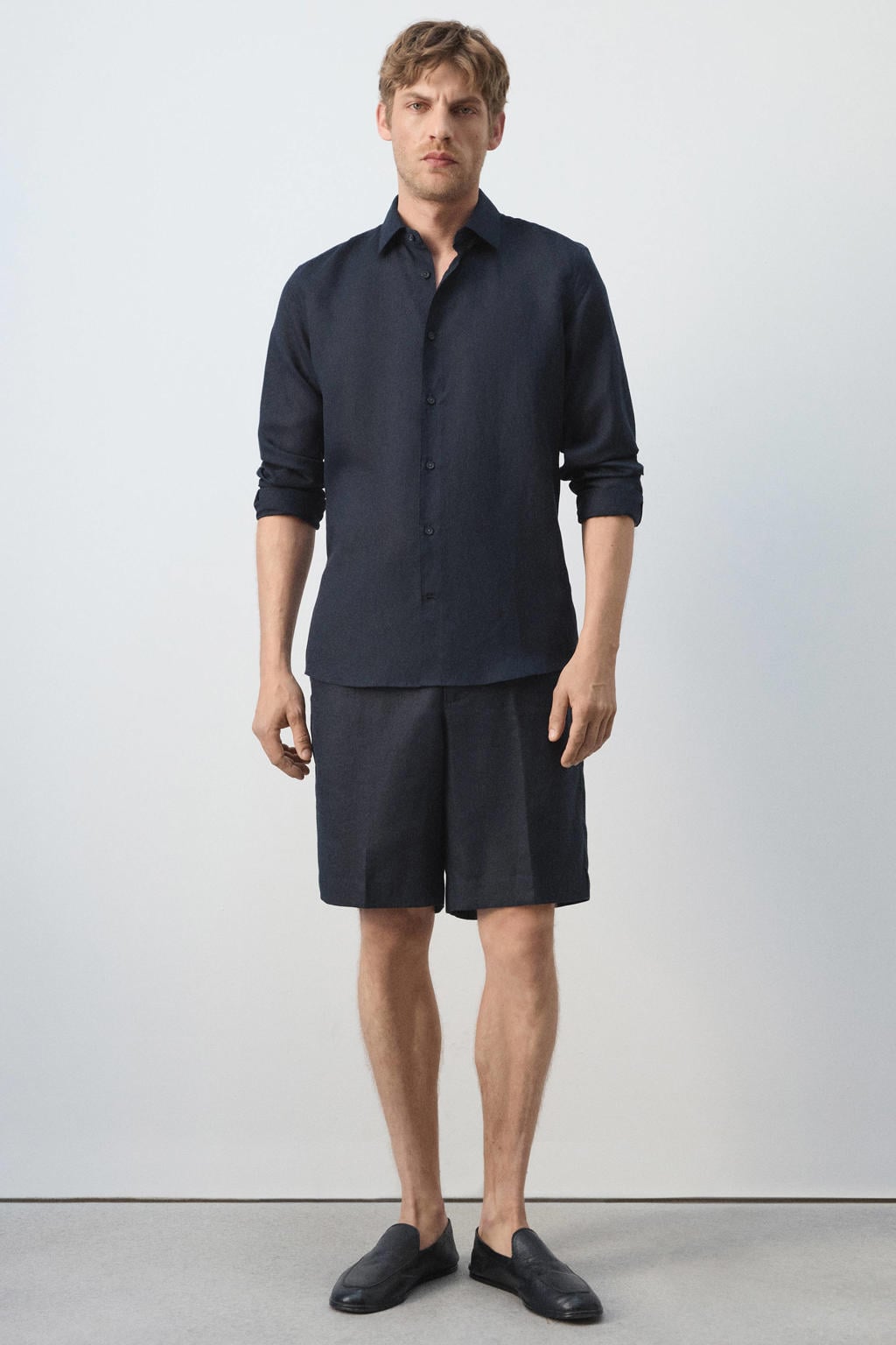 Mango Man regular fit overhemd met linnen - marine