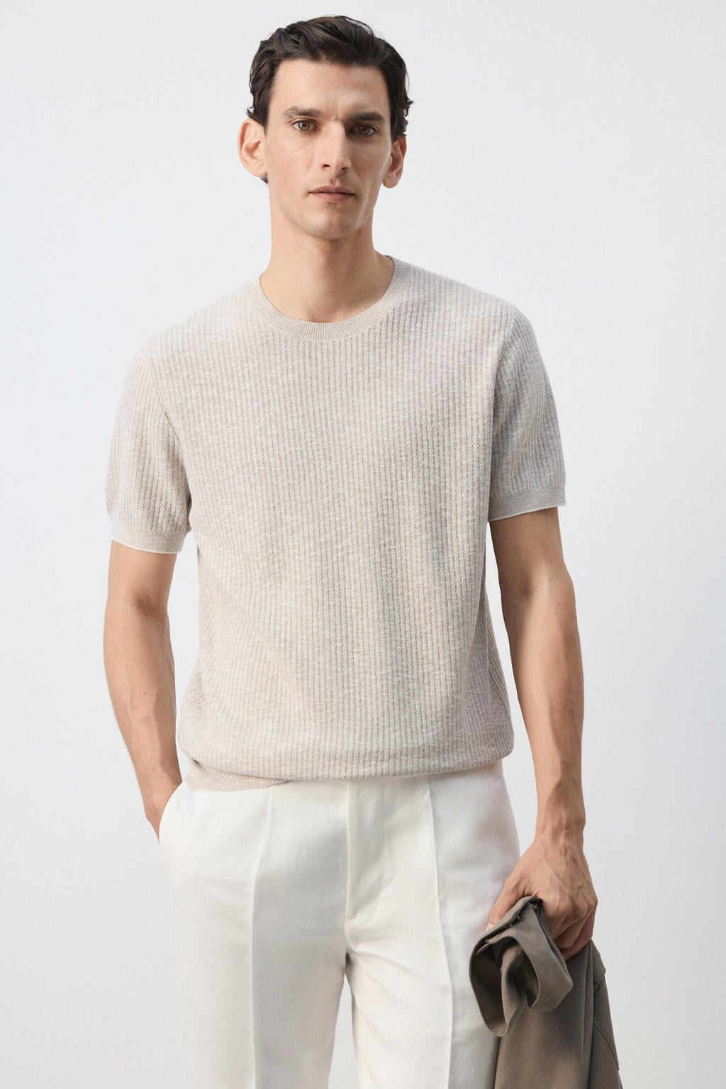 Mango Man regular fit gemêleerd gebreid T-shirt - pastelbruin
